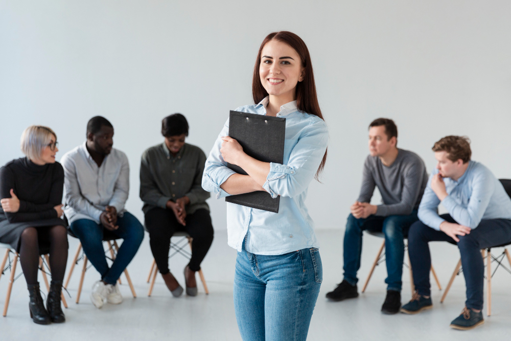 portrait-smiling-woman-holding-clipboard